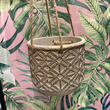 Load image into Gallery viewer, Beige &amp; Gold Aztec patterned hanging pot
