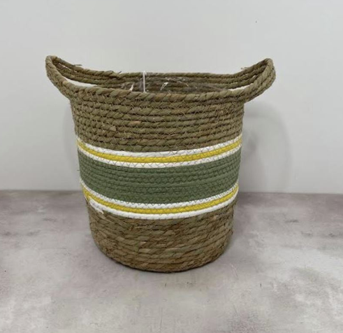 Green stripe Seagrass basket with handles - 22cm 25cm 30cm