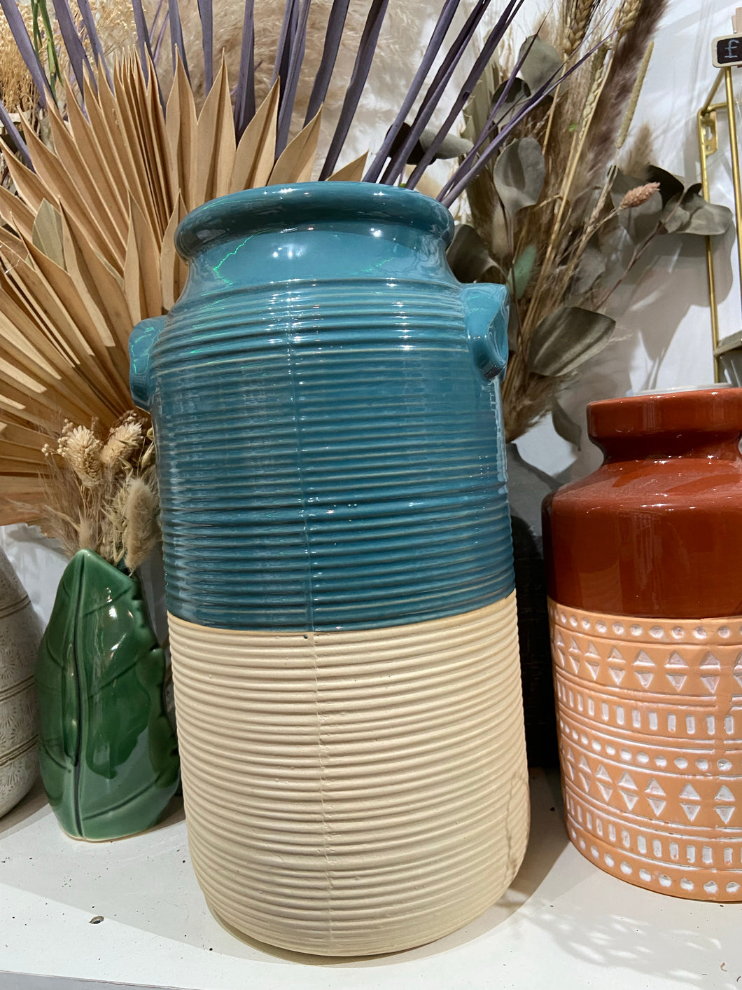 Wide stoneware vase blue / cream 33cm
