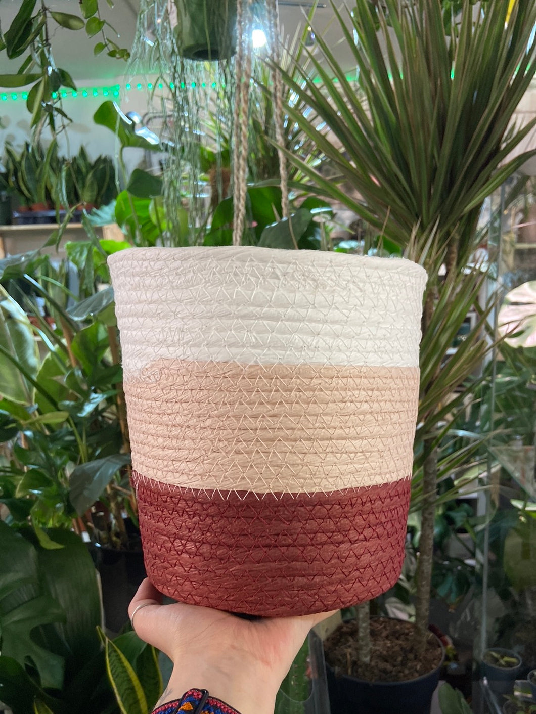 Pink stripe woven planter