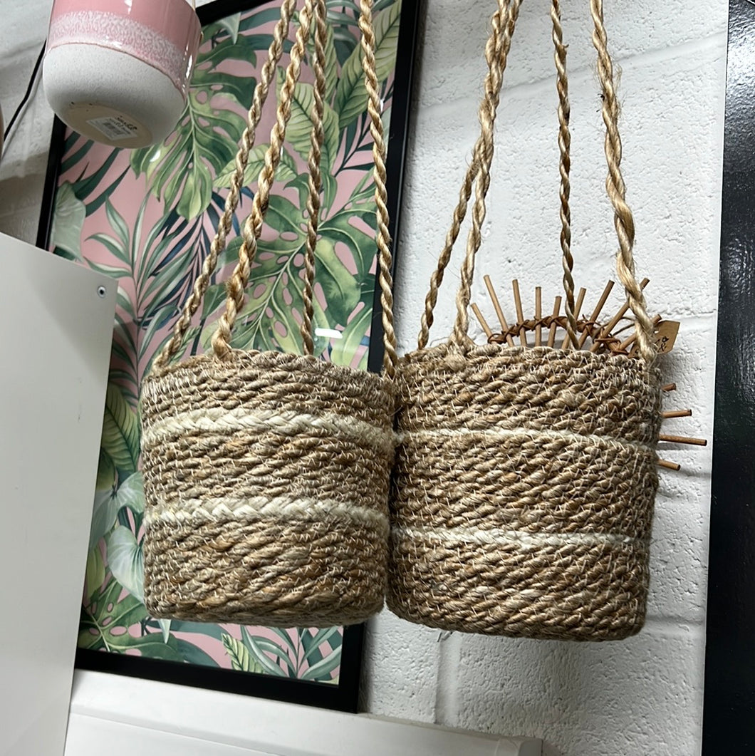 Natural Seagrass hanging white striped plant pot - 13cm / 15cm