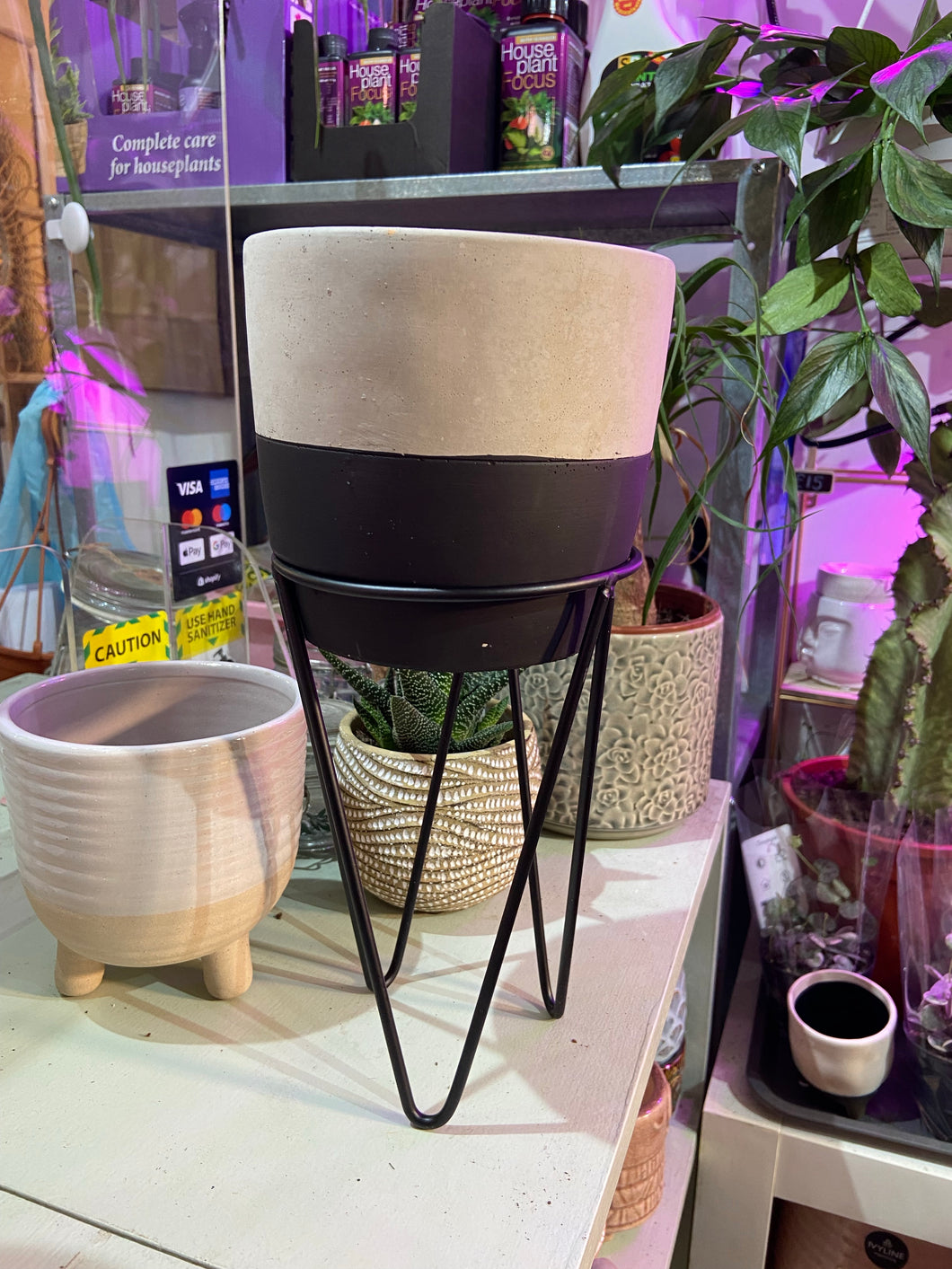 Black Dip Cement Planter With Wire Stand - 12x30cm