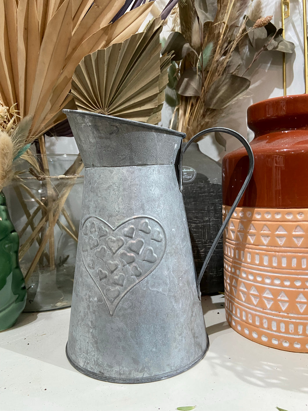 Rustic zinc jug with heart design - 22cm vase